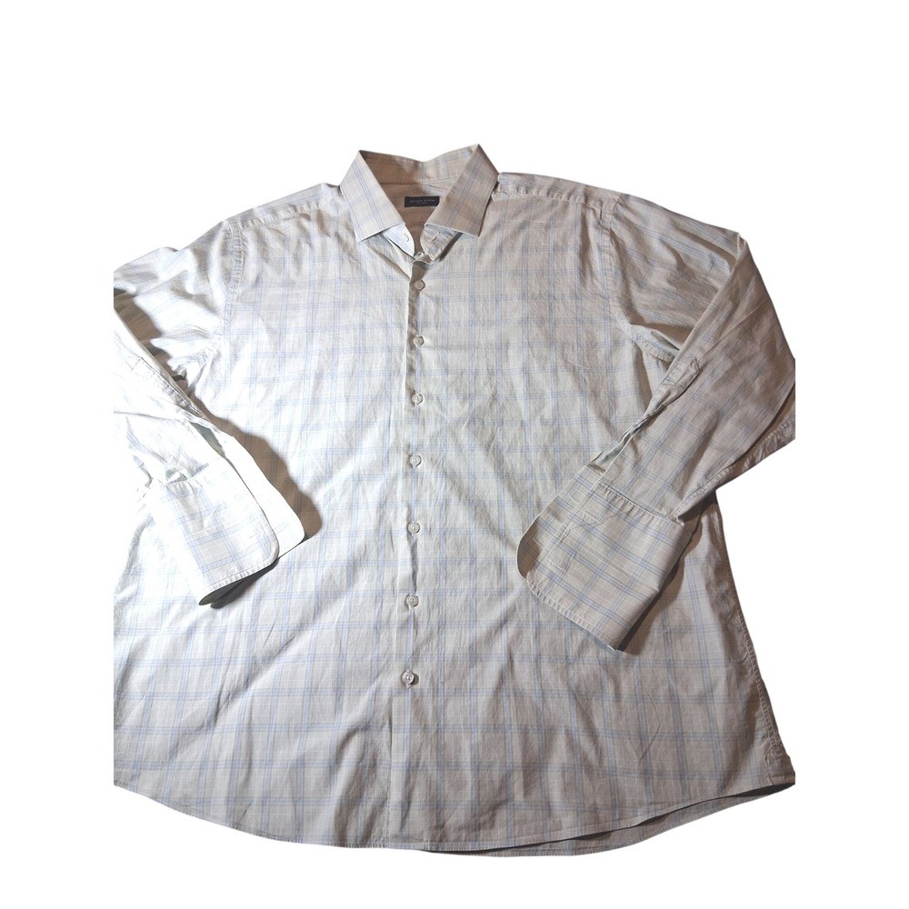 Proper Cloth Mens Plaid Button Down Shirt Blue Tan Long Sleeve XL french Cuffs